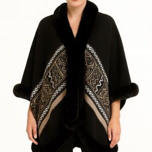 Black Geometric Border Faux Fur Trim Cape